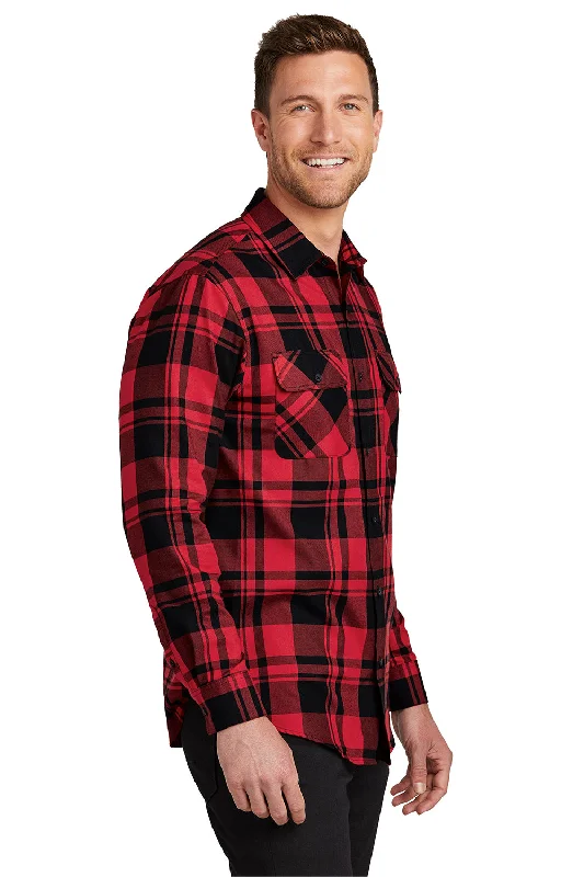 Port Authority Mens Flannel Long Sleeve Button Down Shirt w/ Double Pockets - Engine Red/Black