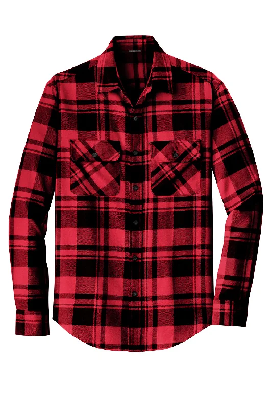 Port Authority Mens Flannel Long Sleeve Button Down Shirt w/ Double Pockets - Engine Red/Black