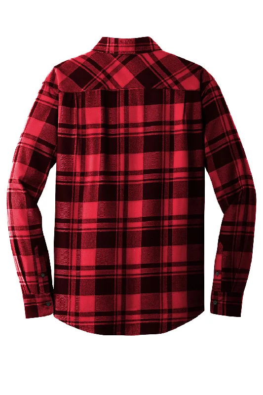 Port Authority Mens Flannel Long Sleeve Button Down Shirt w/ Double Pockets - Engine Red/Black