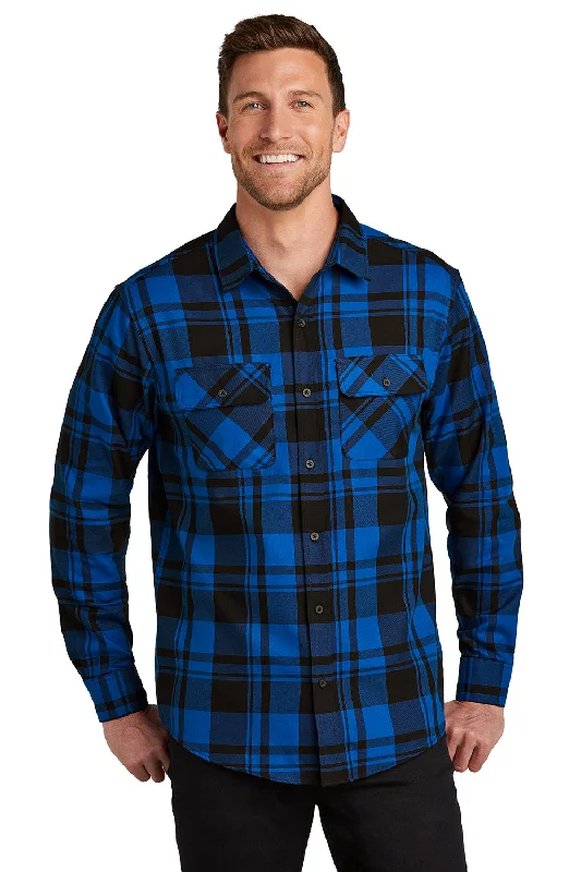 Port Authority Mens Flannel Long Sleeve Button Down Shirt w/ Double Pockets - Royal Blue/Black