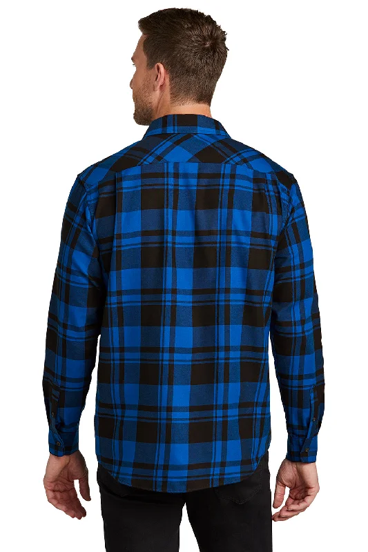 Port Authority Mens Flannel Long Sleeve Button Down Shirt w/ Double Pockets - Royal Blue/Black