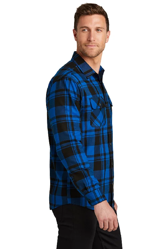 Port Authority Mens Flannel Long Sleeve Button Down Shirt w/ Double Pockets - Royal Blue/Black