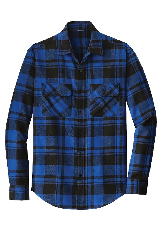 Port Authority Mens Flannel Long Sleeve Button Down Shirt w/ Double Pockets - Royal Blue/Black