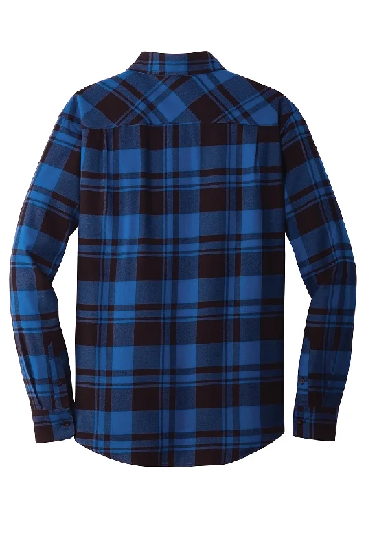 Port Authority Mens Flannel Long Sleeve Button Down Shirt w/ Double Pockets - Royal Blue/Black