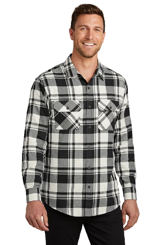 Port Authority Mens Flannel Long Sleeve Button Down Shirt w/ Double Pockets - Snow White/Black