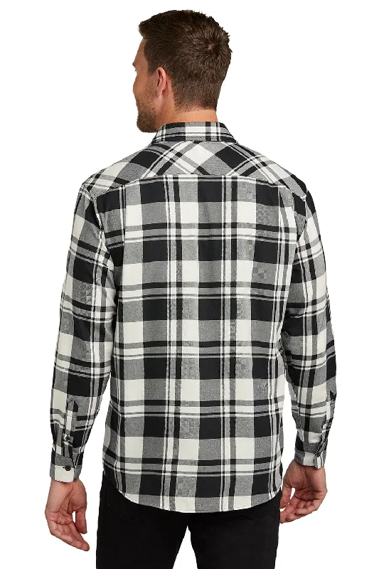 Port Authority Mens Flannel Long Sleeve Button Down Shirt w/ Double Pockets - Snow White/Black