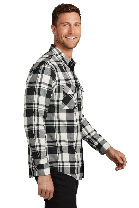 Port Authority Mens Flannel Long Sleeve Button Down Shirt w/ Double Pockets - Snow White/Black