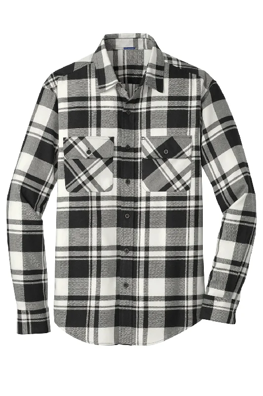 Port Authority Mens Flannel Long Sleeve Button Down Shirt w/ Double Pockets - Snow White/Black