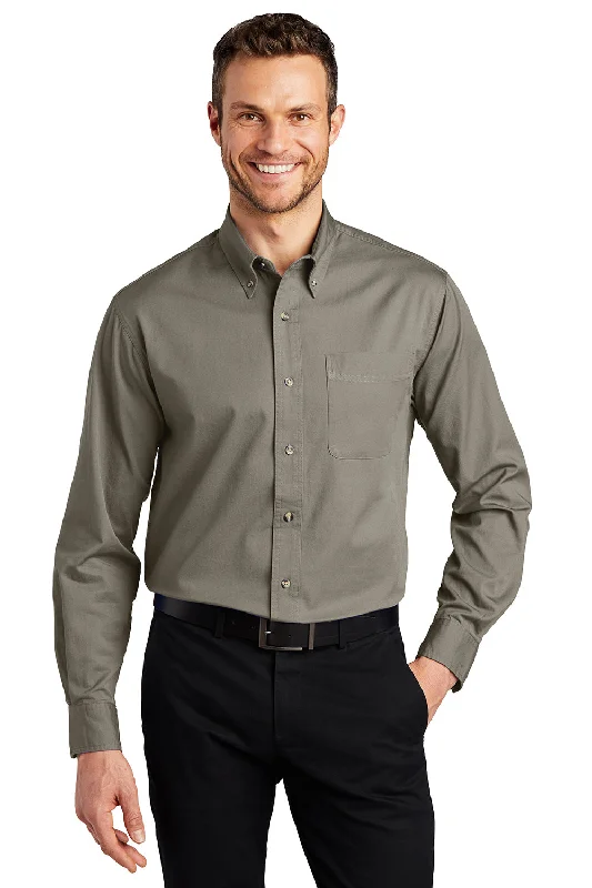 Port Authority Mens Long Sleeve Button Down Shirt w/ Pocket - Khaki