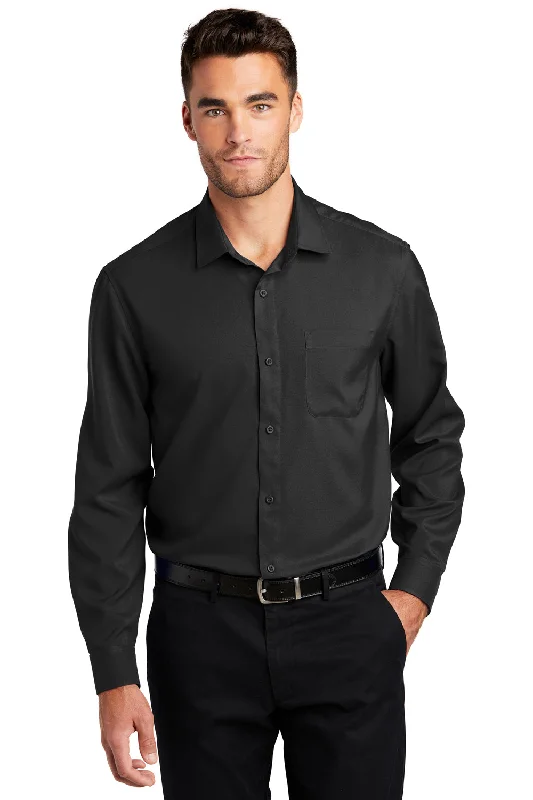 Port Authority Mens Performance Moisture Wicking Long Sleeve Button Down Shirt w/ Pocket - Black