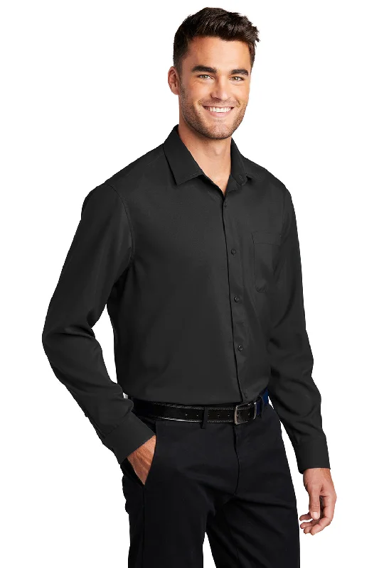 Port Authority Mens Performance Moisture Wicking Long Sleeve Button Down Shirt w/ Pocket - Black