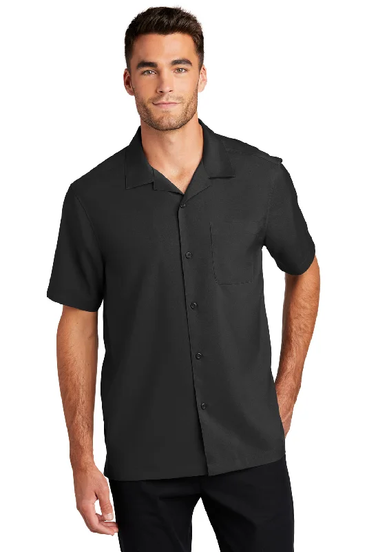 Port Authority Mens Performance Moisture Wicking Short Sleeve Button Down Camp Shirt w/ Pocket - Black