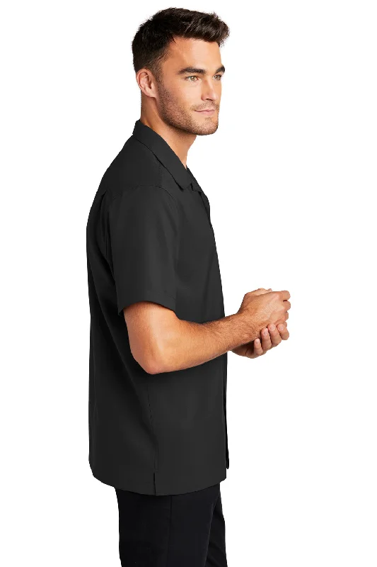 Port Authority Mens Performance Moisture Wicking Short Sleeve Button Down Camp Shirt w/ Pocket - Black