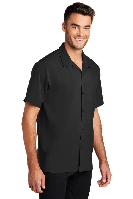 Port Authority Mens Performance Moisture Wicking Short Sleeve Button Down Camp Shirt w/ Pocket - Black