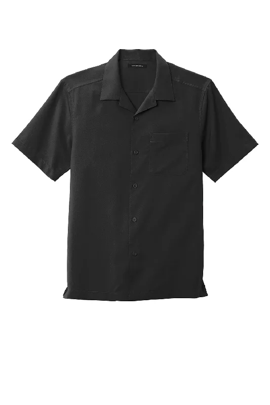 Port Authority Mens Performance Moisture Wicking Short Sleeve Button Down Camp Shirt w/ Pocket - Black