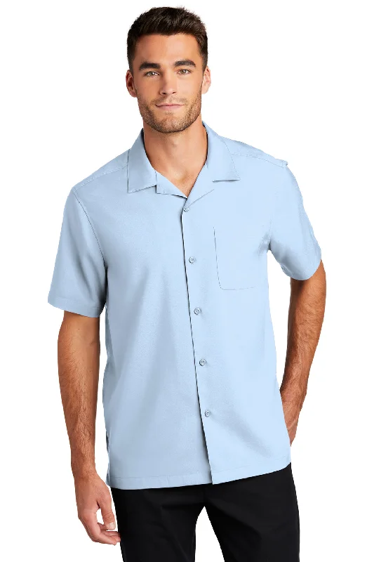 Port Authority Mens Performance Moisture Wicking Short Sleeve Button Down Camp Shirt w/ Pocket - Cloud Blue