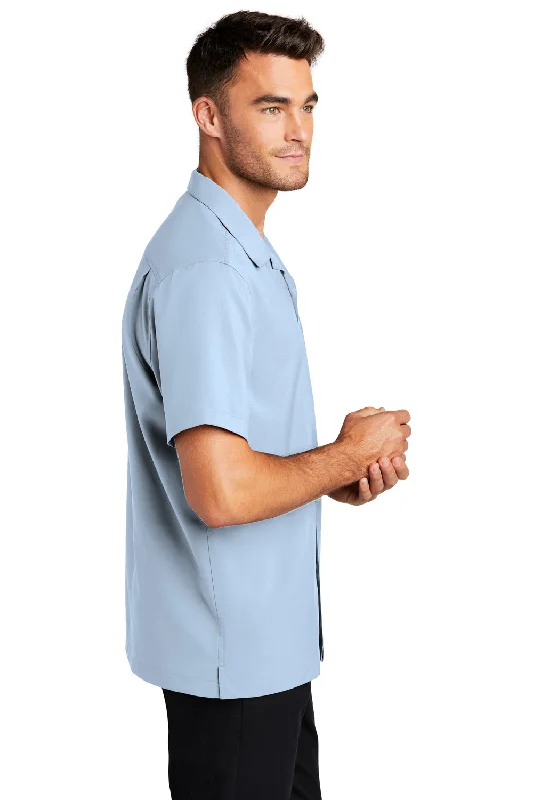 Port Authority Mens Performance Moisture Wicking Short Sleeve Button Down Camp Shirt w/ Pocket - Cloud Blue