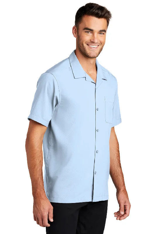 Port Authority Mens Performance Moisture Wicking Short Sleeve Button Down Camp Shirt w/ Pocket - Cloud Blue