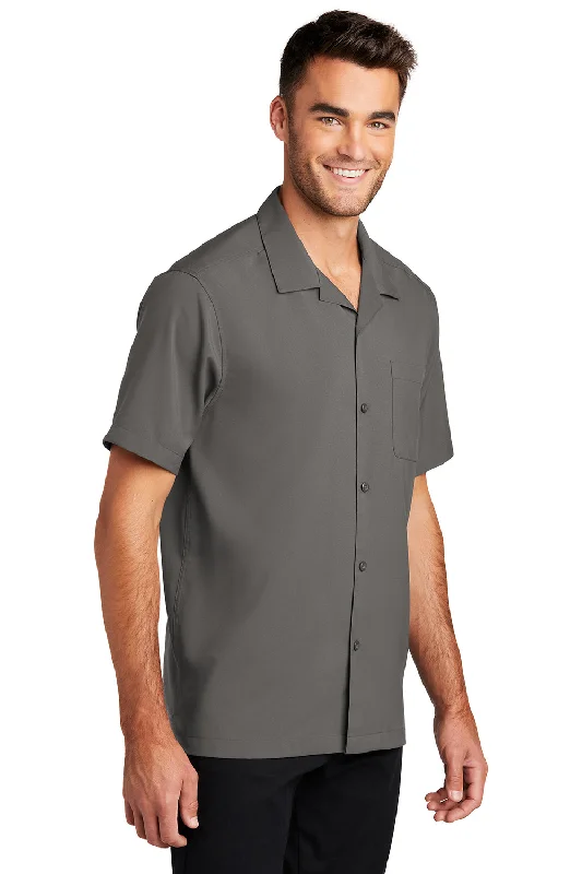 Port Authority Mens Performance Moisture Wicking Short Sleeve Button Down Camp Shirt w/ Pocket - Graphite Grey