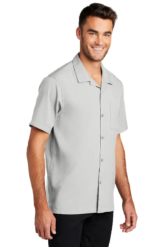 Port Authority Mens Performance Moisture Wicking Short Sleeve Button Down Camp Shirt w/ Pocket - Silver Grey