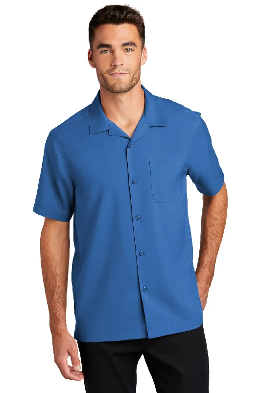 Port Authority Mens Performance Moisture Wicking Short Sleeve Button Down Camp Shirt w/ Pocket - True Blue