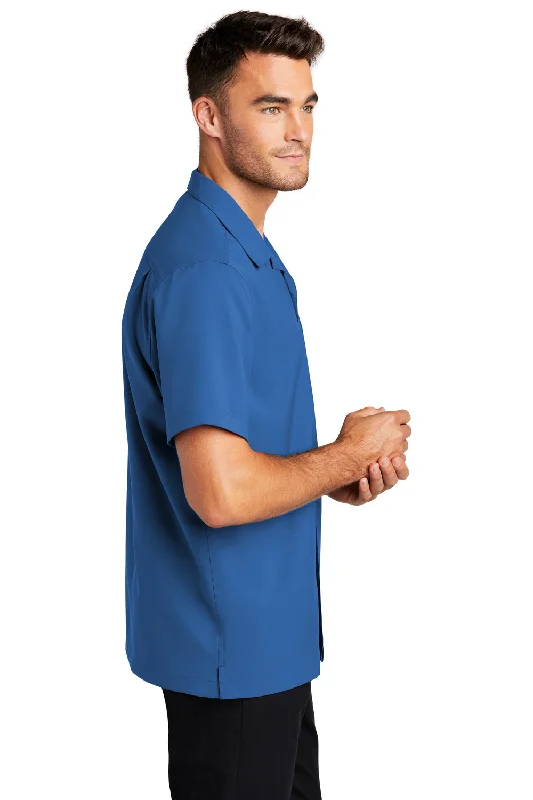 Port Authority Mens Performance Moisture Wicking Short Sleeve Button Down Camp Shirt w/ Pocket - True Blue