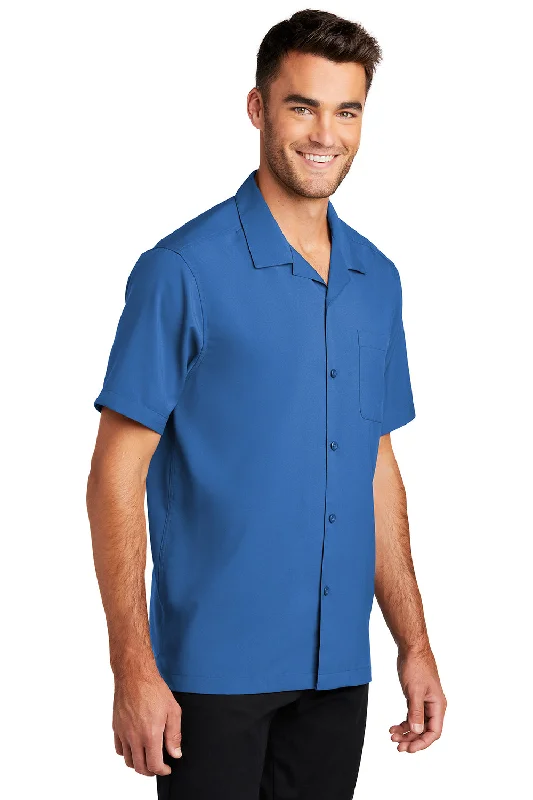 Port Authority Mens Performance Moisture Wicking Short Sleeve Button Down Camp Shirt w/ Pocket - True Blue