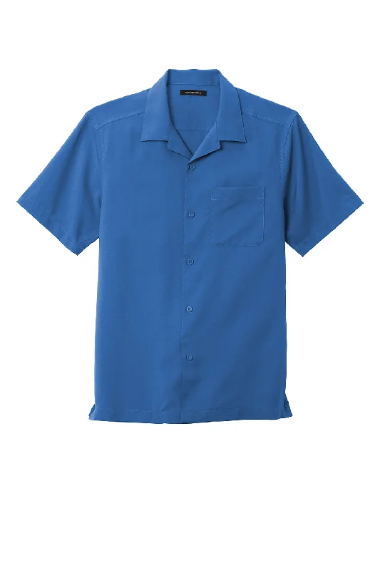 Port Authority Mens Performance Moisture Wicking Short Sleeve Button Down Camp Shirt w/ Pocket - True Blue