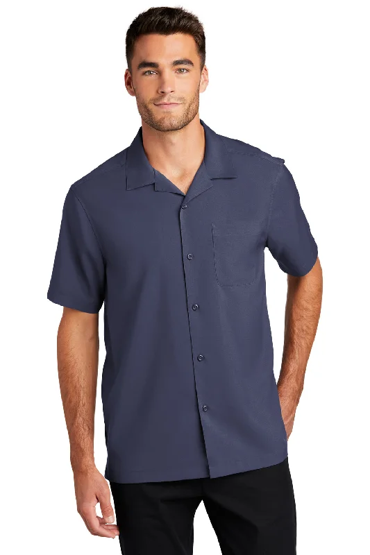 Port Authority Mens Performance Moisture Wicking Short Sleeve Button Down Camp Shirt w/ Pocket - True Navy Blue