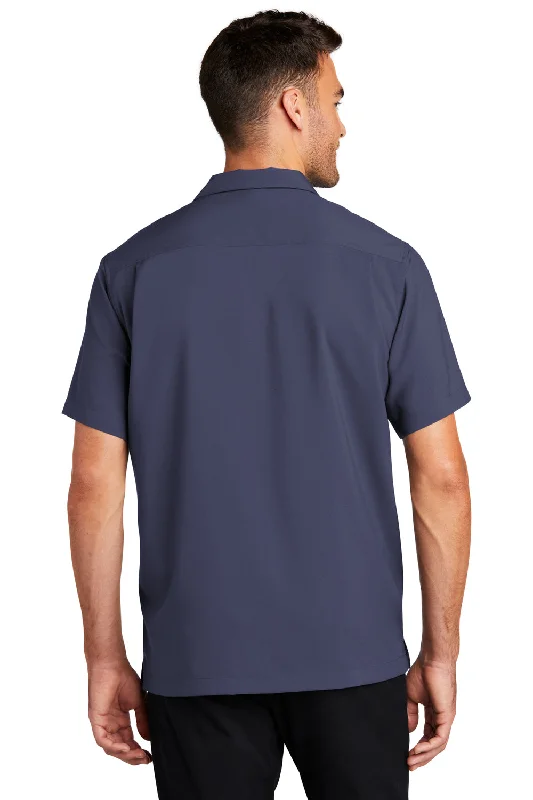 Port Authority Mens Performance Moisture Wicking Short Sleeve Button Down Camp Shirt w/ Pocket - True Navy Blue