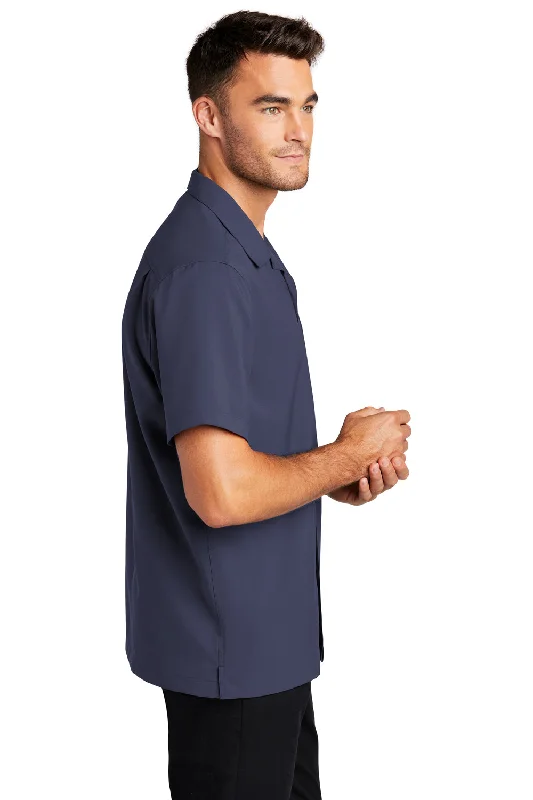 Port Authority Mens Performance Moisture Wicking Short Sleeve Button Down Camp Shirt w/ Pocket - True Navy Blue