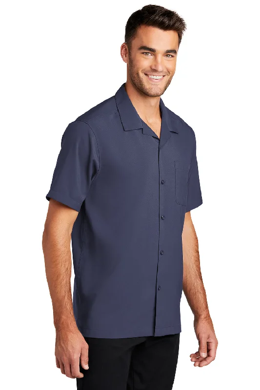 Port Authority Mens Performance Moisture Wicking Short Sleeve Button Down Camp Shirt w/ Pocket - True Navy Blue