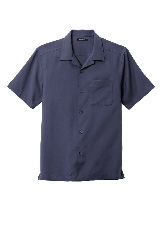 Port Authority Mens Performance Moisture Wicking Short Sleeve Button Down Camp Shirt w/ Pocket - True Navy Blue