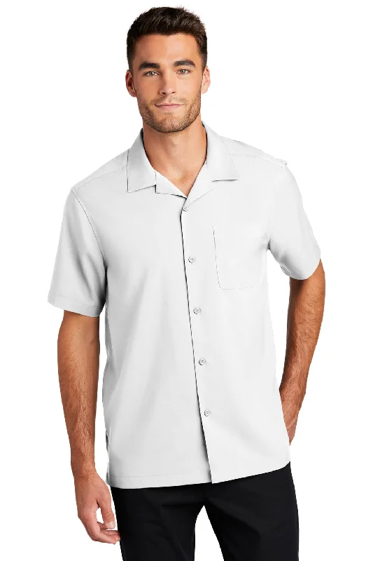 Port Authority Mens Performance Moisture Wicking Short Sleeve Button Down Camp Shirt w/ Pocket - White