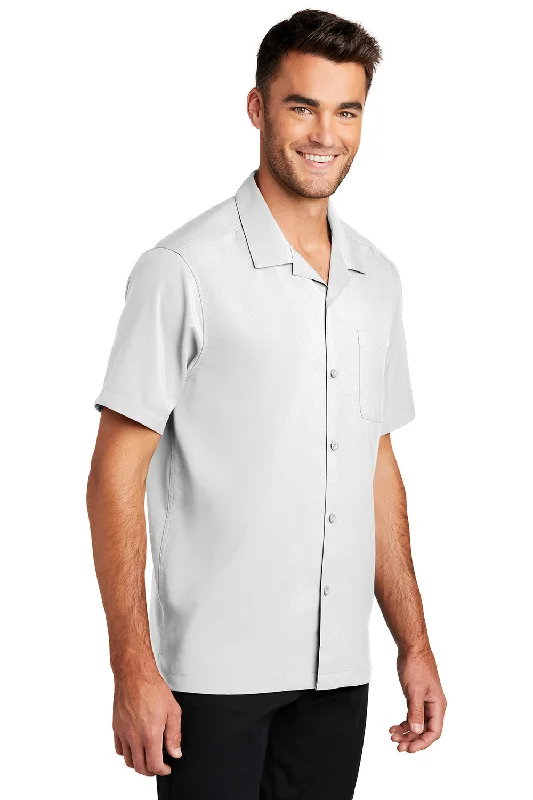 Port Authority Mens Performance Moisture Wicking Short Sleeve Button Down Camp Shirt w/ Pocket - White