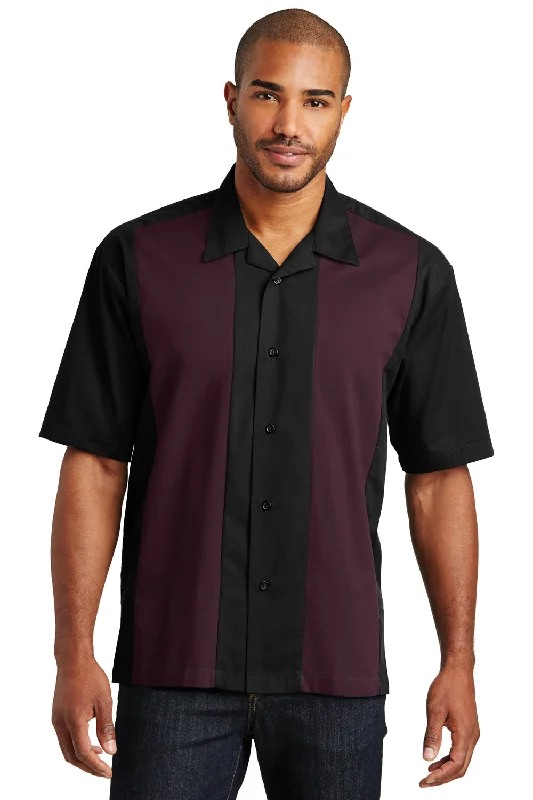 Port Authority Mens Retro Easy Care Wrinkle Resistant Short Sleeve Button Down Camp Shirt - Black/Burgundy