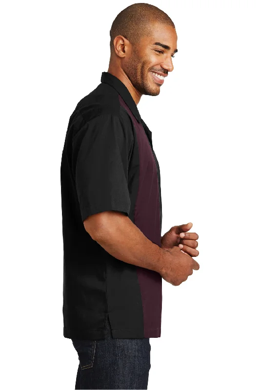 Port Authority Mens Retro Easy Care Wrinkle Resistant Short Sleeve Button Down Camp Shirt - Black/Burgundy