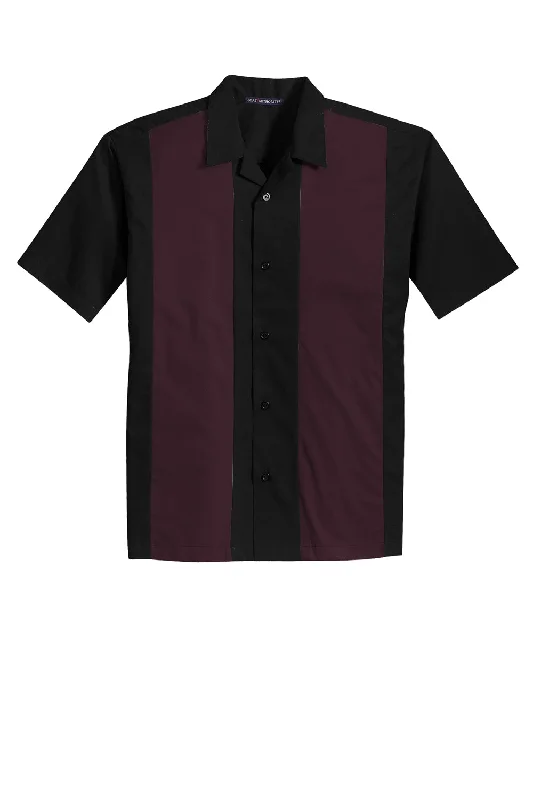 Port Authority Mens Retro Easy Care Wrinkle Resistant Short Sleeve Button Down Camp Shirt - Black/Burgundy