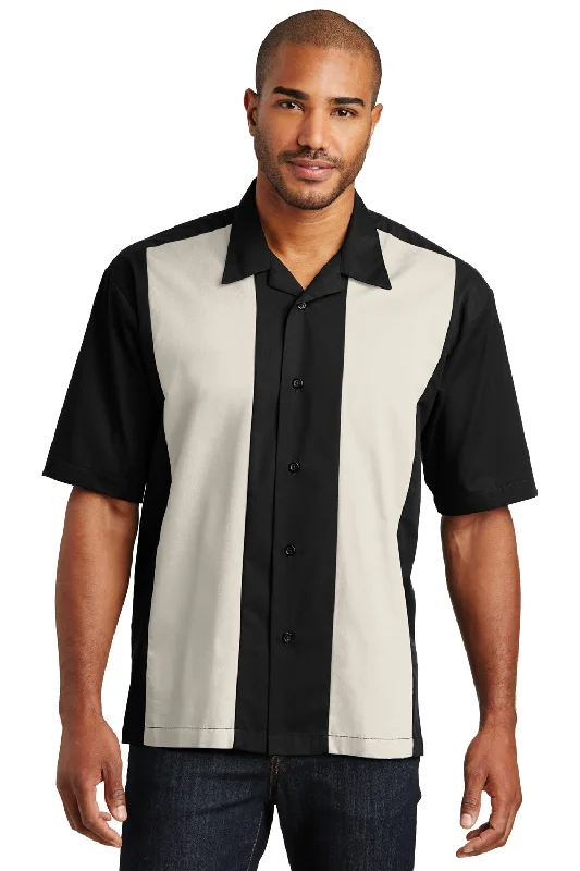 Port Authority Mens Retro Easy Care Wrinkle Resistant Short Sleeve Button Down Camp Shirt - Black/Light Stone