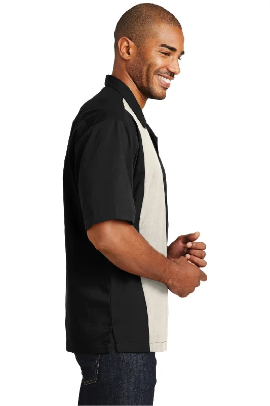 Port Authority Mens Retro Easy Care Wrinkle Resistant Short Sleeve Button Down Camp Shirt - Black/Light Stone