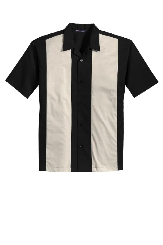 Port Authority Mens Retro Easy Care Wrinkle Resistant Short Sleeve Button Down Camp Shirt - Black/Light Stone