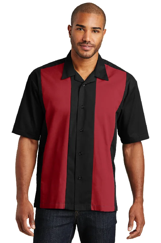 Port Authority Mens Retro Easy Care Wrinkle Resistant Short Sleeve Button Down Camp Shirt - Black/Red