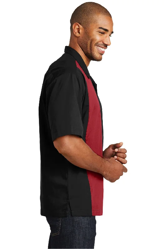 Port Authority Mens Retro Easy Care Wrinkle Resistant Short Sleeve Button Down Camp Shirt - Black/Red