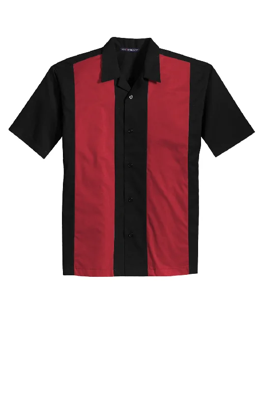 Port Authority Mens Retro Easy Care Wrinkle Resistant Short Sleeve Button Down Camp Shirt - Black/Red