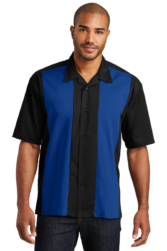 Port Authority Mens Retro Easy Care Wrinkle Resistant Short Sleeve Button Down Camp Shirt - Black/Royal Blue