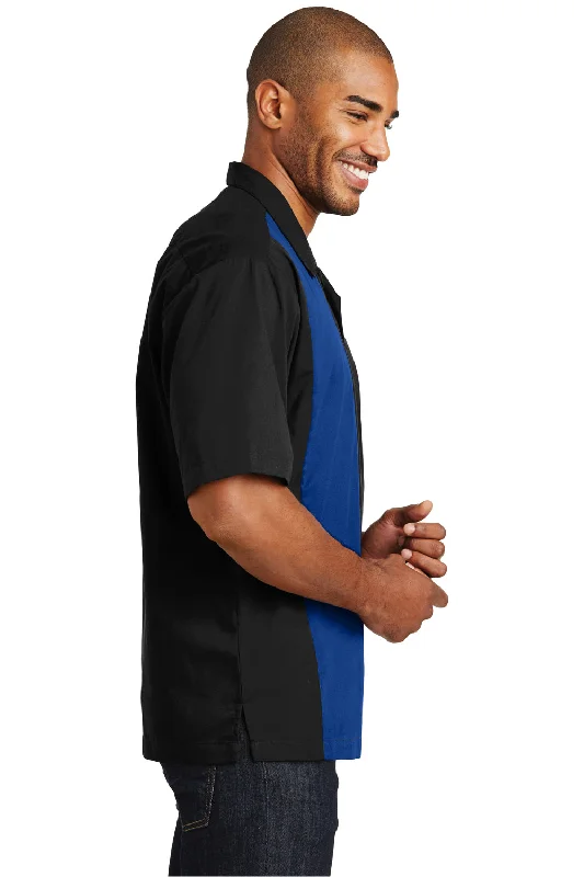 Port Authority Mens Retro Easy Care Wrinkle Resistant Short Sleeve Button Down Camp Shirt - Black/Royal Blue