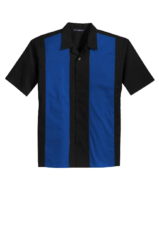 Port Authority Mens Retro Easy Care Wrinkle Resistant Short Sleeve Button Down Camp Shirt - Black/Royal Blue