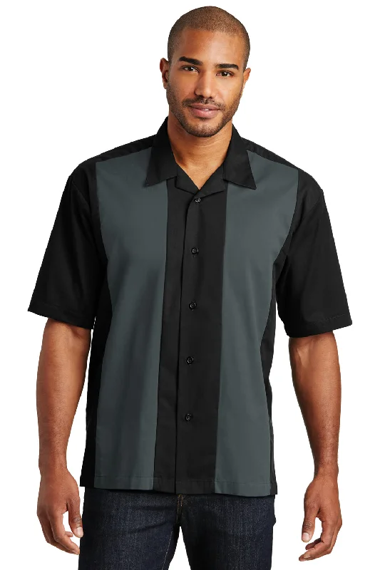 Port Authority Mens Retro Easy Care Wrinkle Resistant Short Sleeve Button Down Camp Shirt - Black/Steel Grey