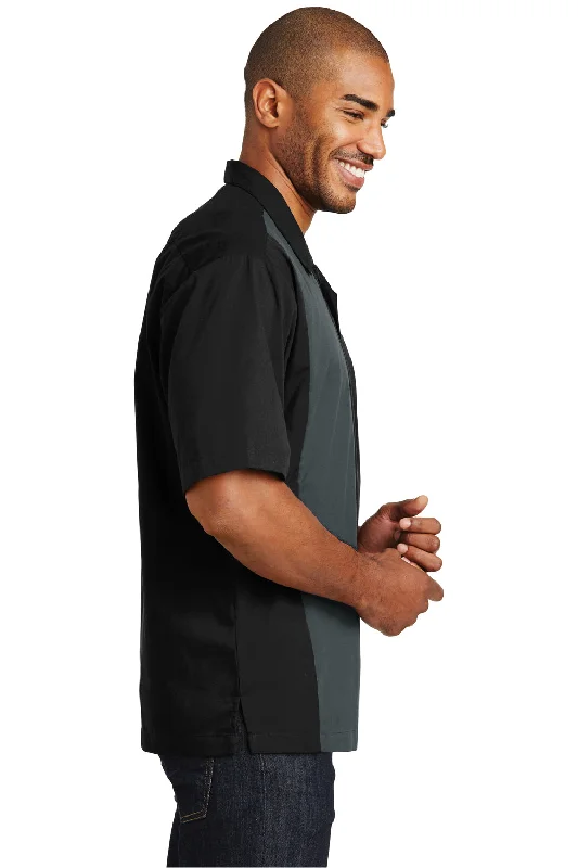 Port Authority Mens Retro Easy Care Wrinkle Resistant Short Sleeve Button Down Camp Shirt - Black/Steel Grey