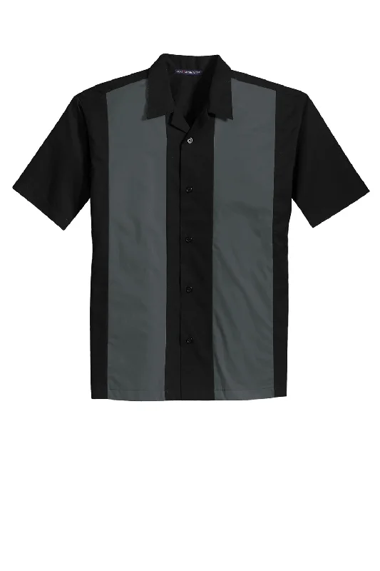 Port Authority Mens Retro Easy Care Wrinkle Resistant Short Sleeve Button Down Camp Shirt - Black/Steel Grey